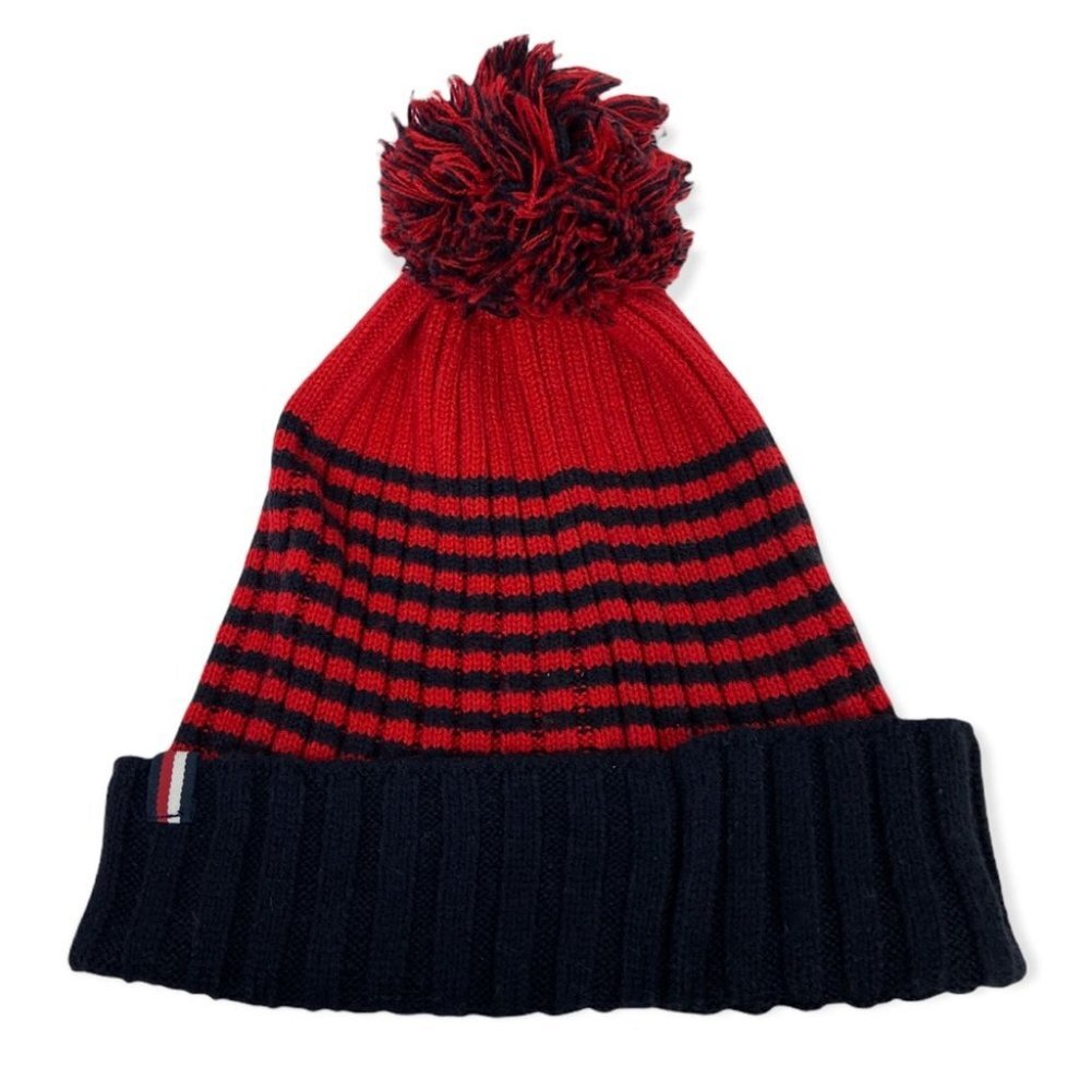 NEW‎ Tommy Hilfiger Blue Red Striped Ribbed Knit Pom Pom Hat Toque Beanie Winter
